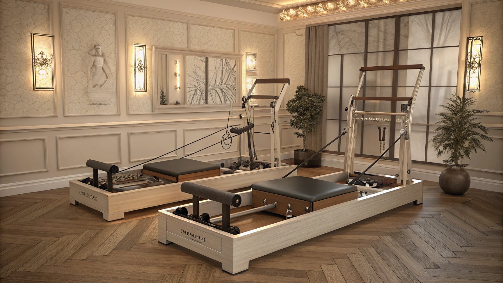 High-end Pilates reformer equipment in a modern studio setting