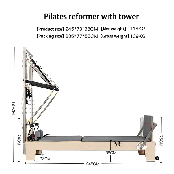 Maple Pilates Reformer with Tower dimensions and reference specifications