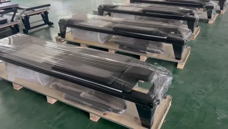 Pilates equipment protected with wrapping on wooden supports